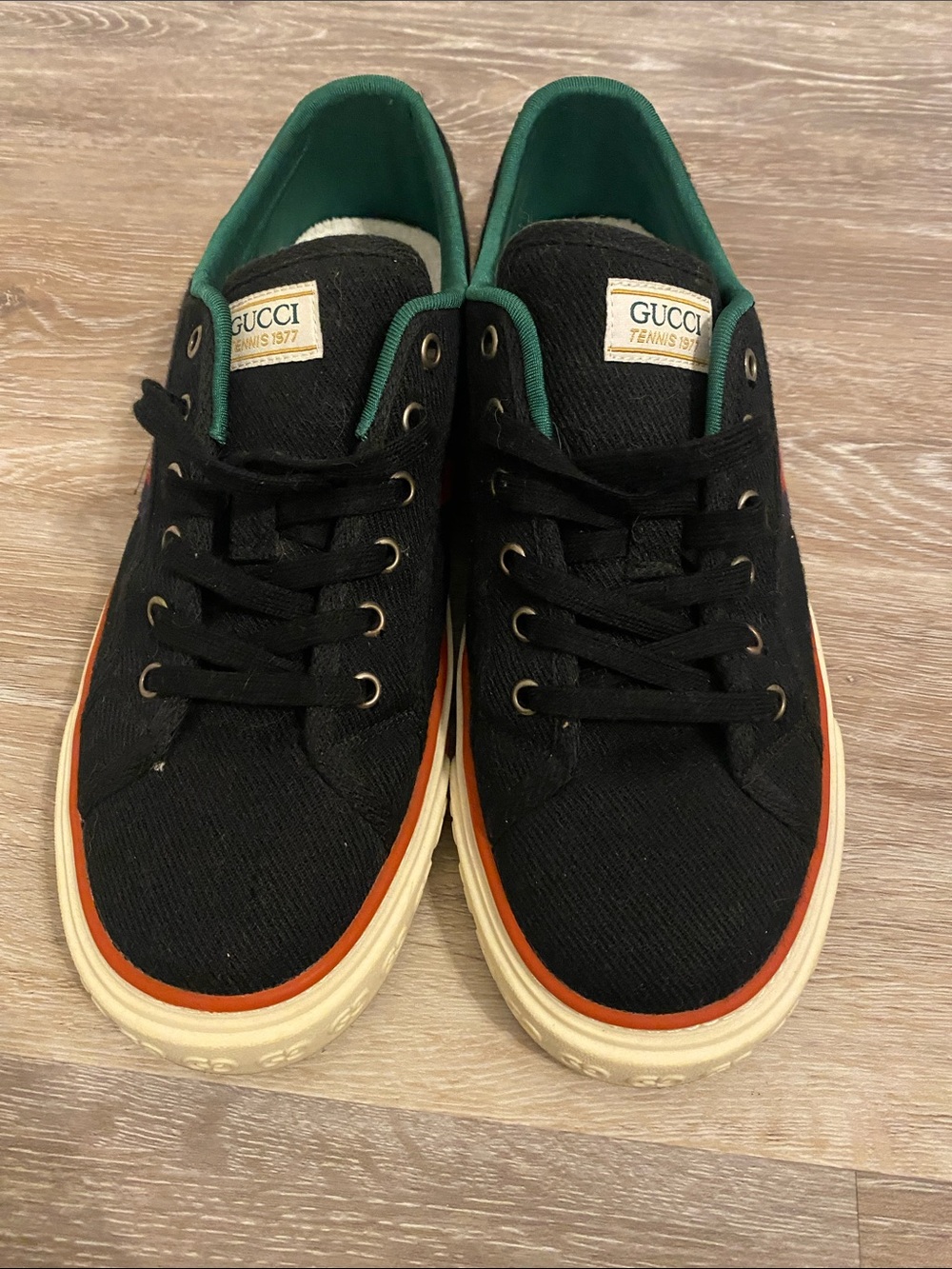 Gucci Tennis 1977 Black Canvas Sneakers with Green Lining and Orange Trim